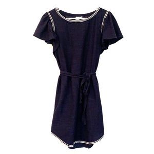 Navy blue belted dress with white embroidery